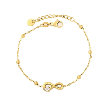 Stainless Steel Gold Color PVD CNC Figure 8 Teardrop Charm Inlaid White Zircon Bracelet With Round Tail Tag