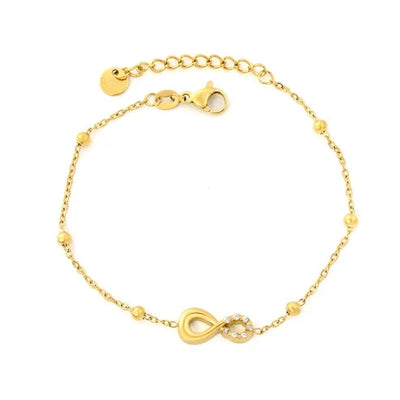 Stainless Steel Gold Color PVD CNC Figure 8 Charm Inlaid White Zircon Bracelet With Round Tail Tag