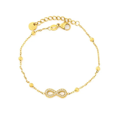 Stainless Steel Gold Color PVD CNC Figure 8 White Zircon Charm Bracelet With Round Tail Tag