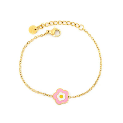 Stainless Steel Gold Color PVD Five Petal Fried Egg Flower Cable Chain With Round Tail Tag Bracelet
