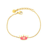 Stainless Steel Gold Color PVD Pink Heart Crown Charm Cable Chain With Round Tail Tag Bracelet
