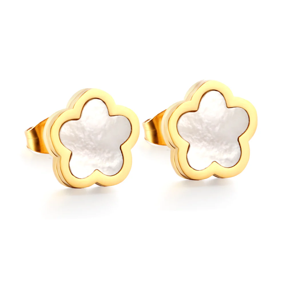 Stainless Steel Gold Color PVD Peach Blossoms With White Shell Cutting Stud Earrings