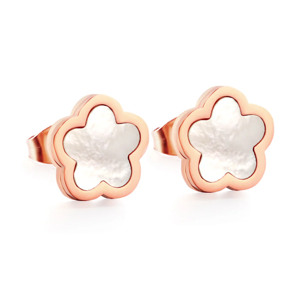 Stainless Steel Rose Gold Color PVD Peach Blossoms With White Shell Cutting Stud Earrings