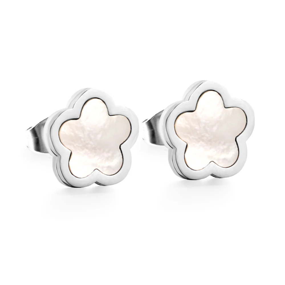 Stainless Steel Color PVD Peach Blossoms with White Shell Cutting Stud Earrings