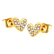 Load image into Gallery viewer, Stelluxe Stainless Steel Gold Color PVD Heart Shaped White Diamond Plain Pin Earrings