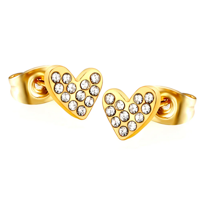 Stelluxe Stainless Steel Gold Color PVD Heart Shaped White Diamond Plain Pin Earrings