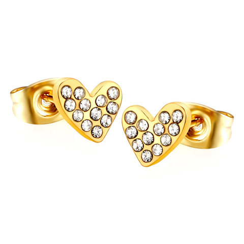 Stelluxe Stainless Steel Gold Color PVD Heart Shaped White Diamond Plain Pin Earrings