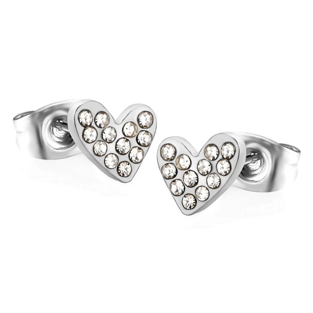 Stainless Steel Color PVD Heart Shaped White Diamond Plain Pin Earrings