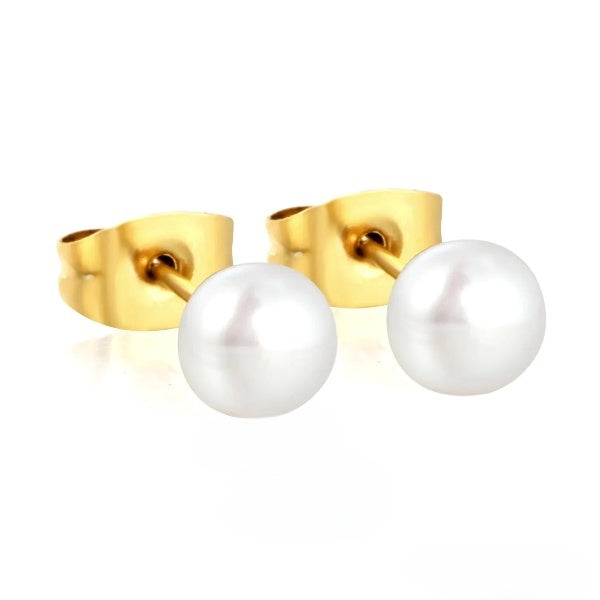 Stainless Steel Gold Color PVD 6mm Bread Pearl Butterfly Earrings