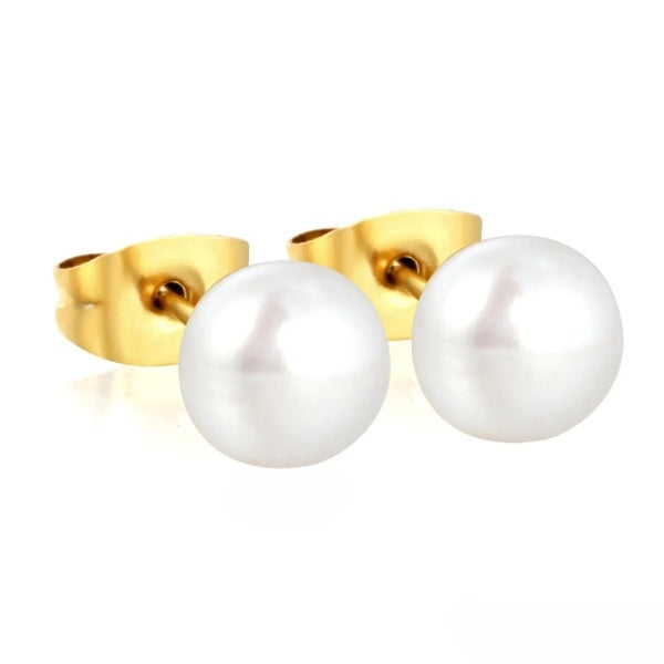Stainless Steel Gold Color PVD 7mm Bread Pearl Butterfly Earrings