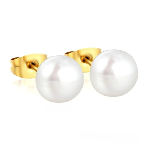 Stainless Steel Gold Color PVD 9mm Bread Pearl Butterfly Earrings