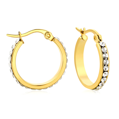 Stelluxe Stainless Steel Gold Color PVD Diamond Accented Hoop Earrings