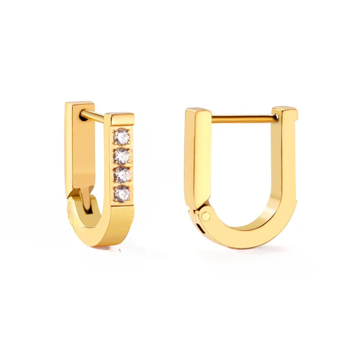 Stainless Steel Gold Color PVD U Shape Piercing Hoop Earrings With Diamonds