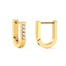 Load image into Gallery viewer, Tresoli  Stainless Steel Gold Color PVD U Shape Piercing Hoop Earrings With Diamonds