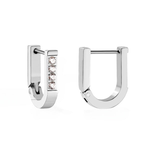 Stainless Steel Color PVD U Shape Piercing Hoop Earrings With Diamonds