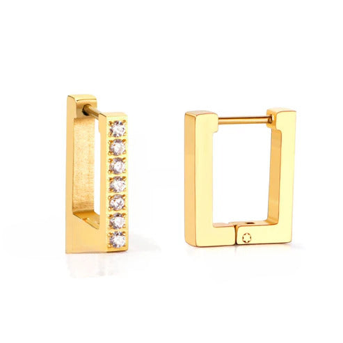 Stainless Steel Gold Color PVD Small Square Rectangle Piercing Hoop Earrings With Diamonds