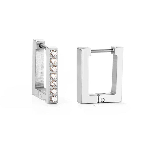 Stainless Steel Color PVD Small Square Rectangle Piercing Hoop Earrings With Diamonds