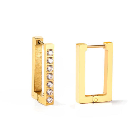 Stainless Steel Gold Color PVD Square Rectangle Piercing Hoop Earrings With Diamonds