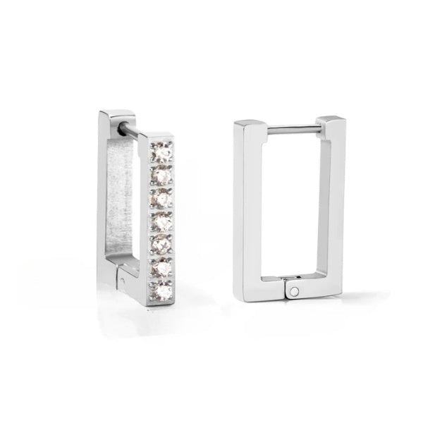 Stainless Steel Color PVD Square Rectangle Piercing Hoop Earrings With Diamonds