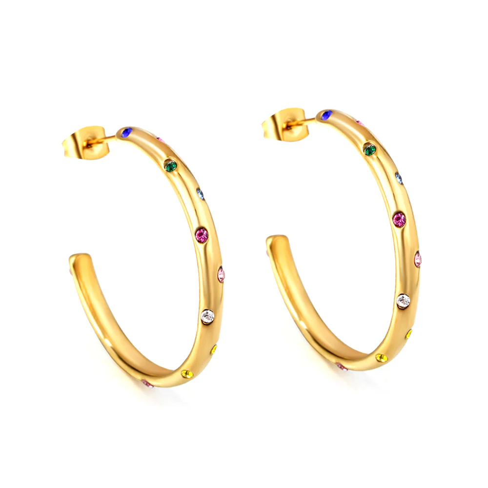 Stainless Steel Gold Color PVD Open Half Round Ear Clasp With Mixed Diamonds