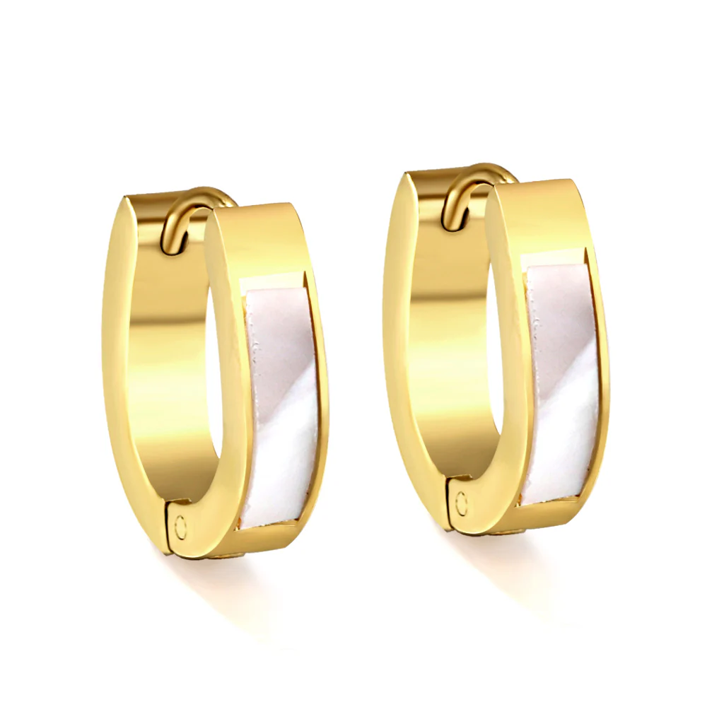 Stainless Steel Gold Color PVD Oval Earrings With White Shells