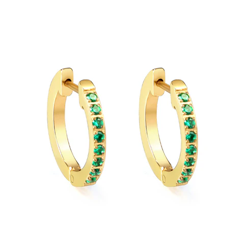 Stainless Steel Gold Color PVD Round Earrings With Green Diamonds