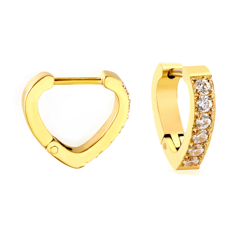Stainless Steel Gold Color PVD Heart Shaped Circle With White And Pink Diamonds Ear Clips