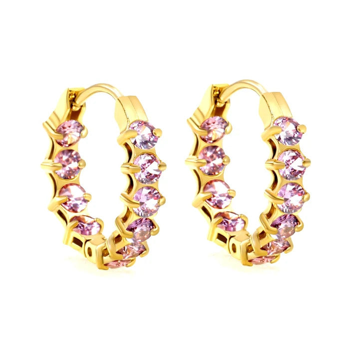 Stainless Steel Gold Color PVD Thick Ear Clips With Rounded Purple Colored Zirconium