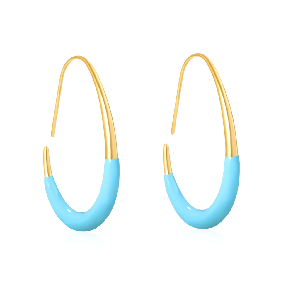 Stainless Steel Gold Color PVD Light Blue Egg Shaped Hoop Earrings