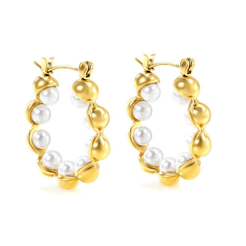 Stainless Steel Gold Color PVD Imitation White Pearl Earrings