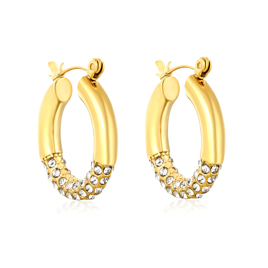 Stelluxe Stainless Steel Gold Color PVD Outer Diameter With White Rhinestones Hook Earrings