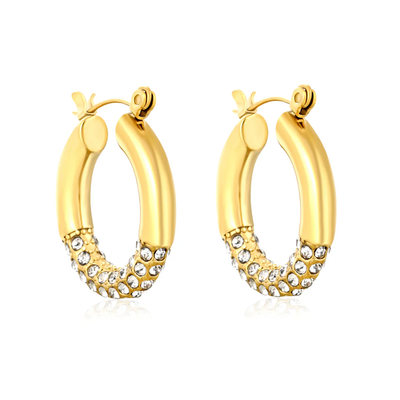 Stelluxe Stainless Steel Gold Color PVD Outer Diameter With White Rhinestones Hook Earrings