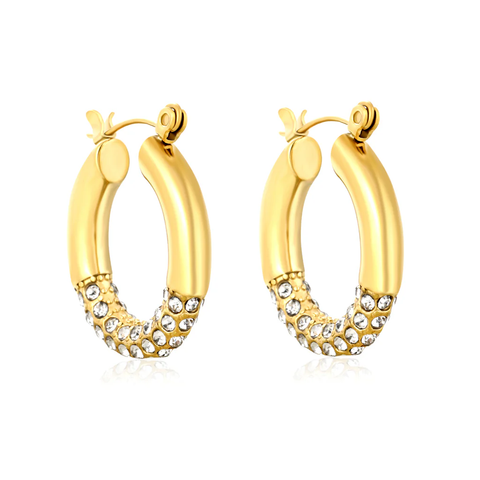 Stelluxe Stainless Steel Gold Color PVD Outer Diameter With White Rhinestones Hook Earrings