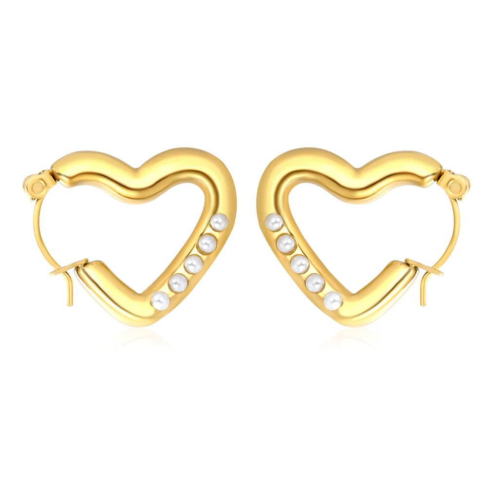 Stainless Steel Gold Color PVD Heart Shaped White Pearl Earrings