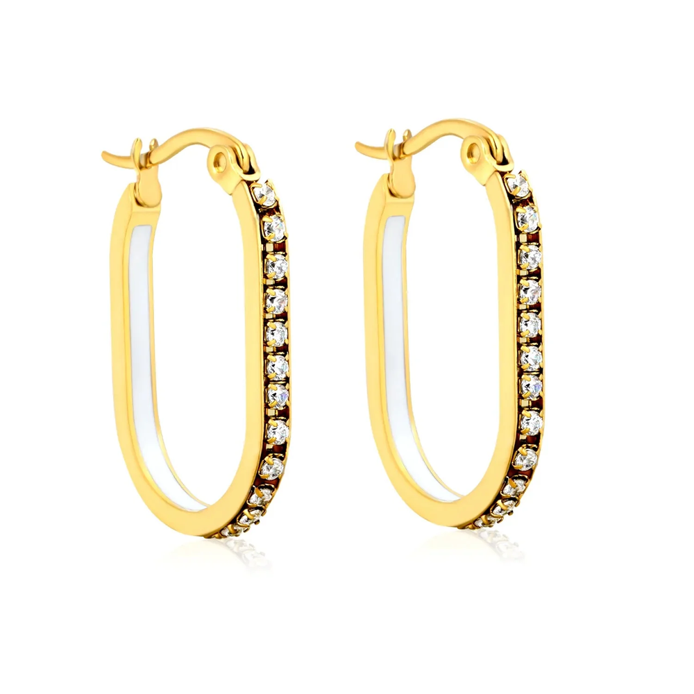 Stainless Steel Gold Color PVD Oval Shaped Geometric Band Earrings With White CZ