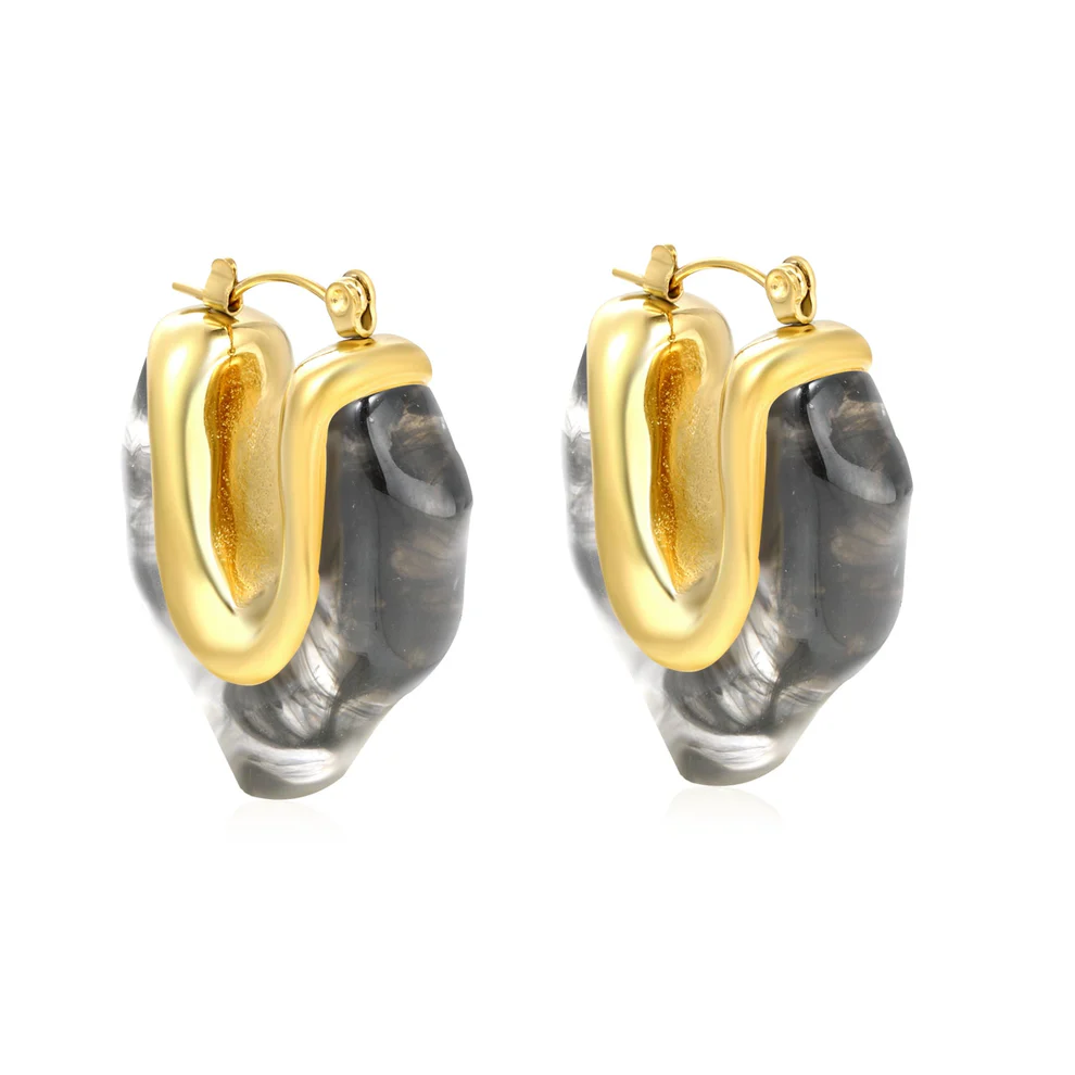 Stainless Steel Gold Color PVD Irregular V Shaped Transparent Black Ear Clips