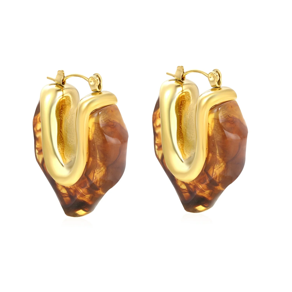Stainless Steel Gold Color PVD Irregular V Shaped Amber Resin Ear Clips