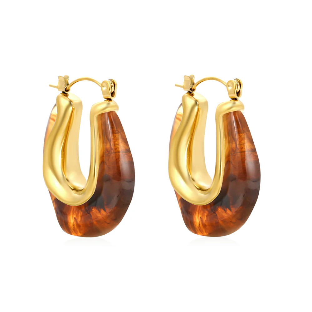 Stainless Steel Gold Color PVD U Shaped Amber Resin Ear Cuffs