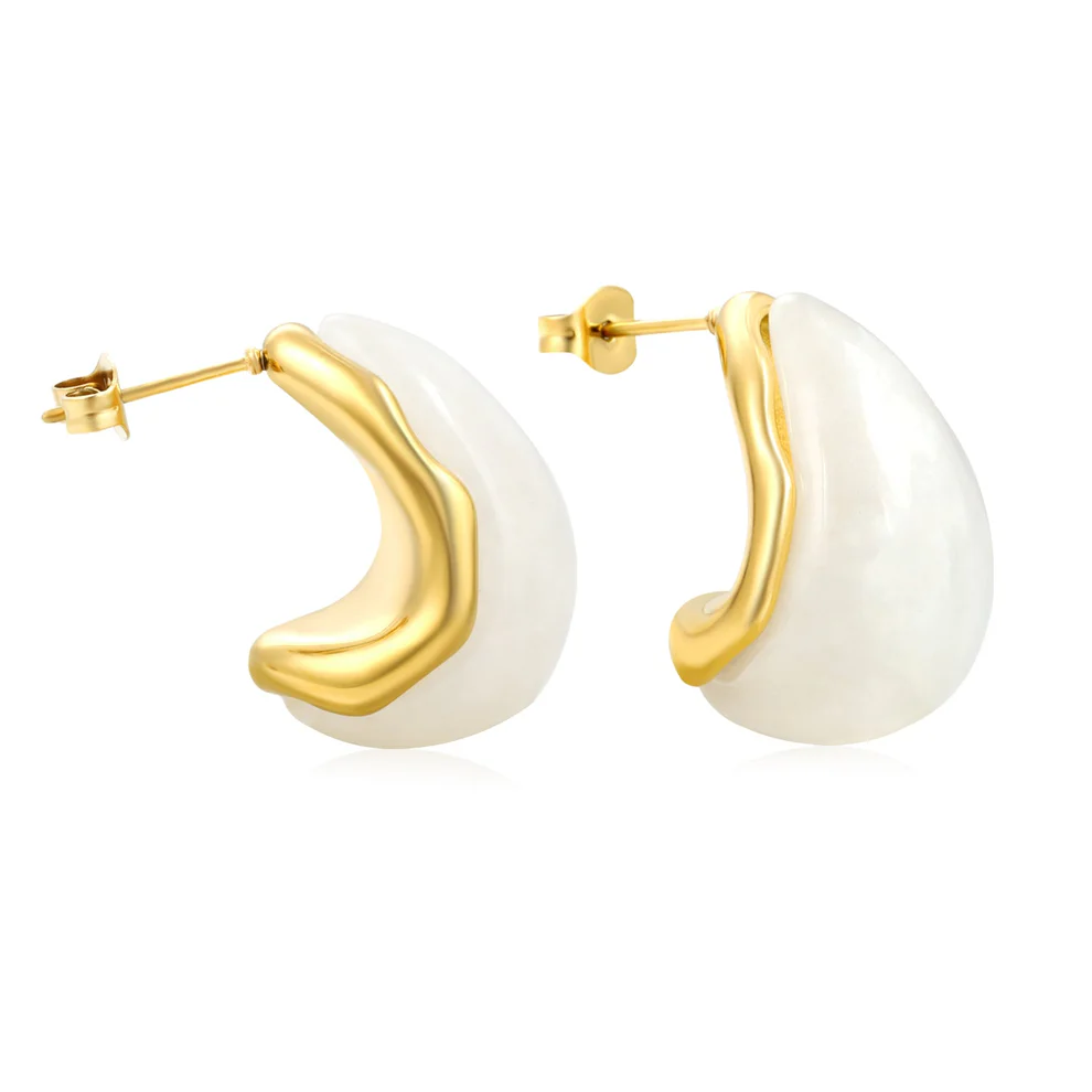 Stainless Steel Gold Color PVD Semi Curved Teardrop White Resin Stud Earrings