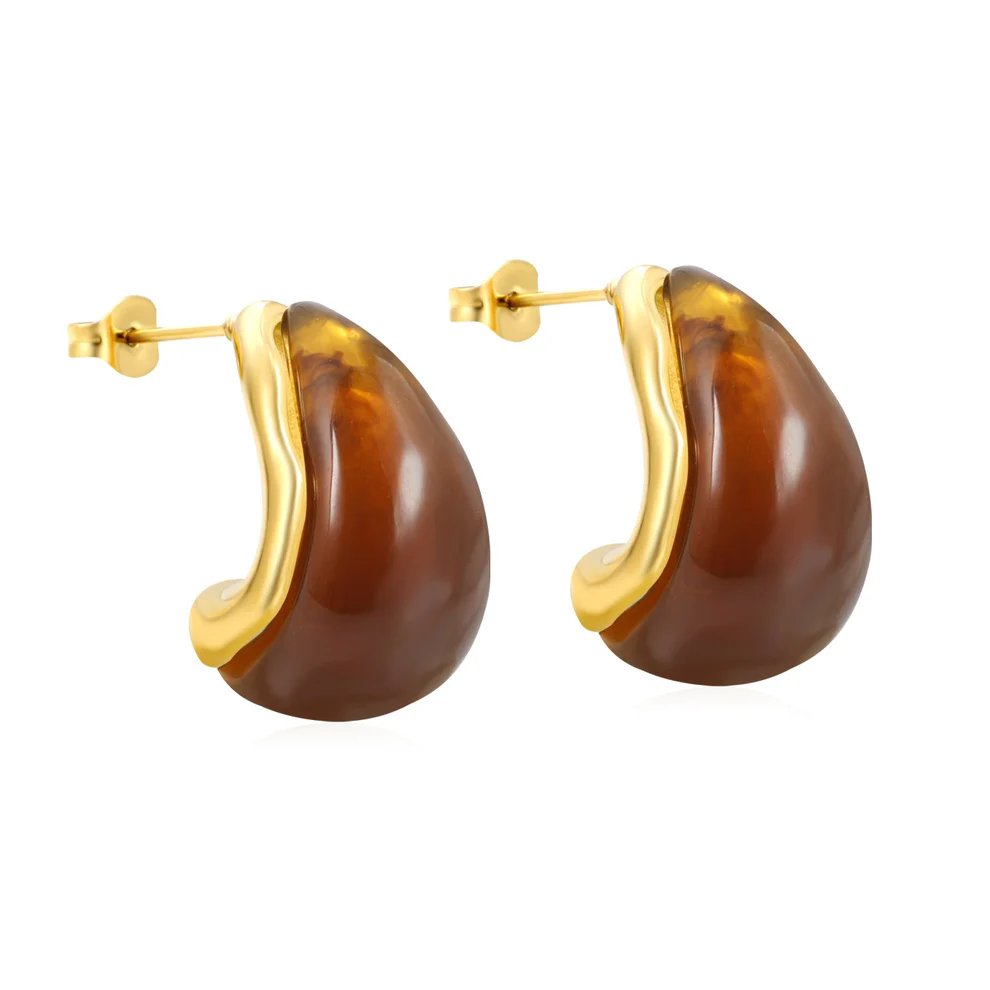 Stainless Steel Gold Color PVD Semi Curved Teardrop Amber Resin Stud Earrings