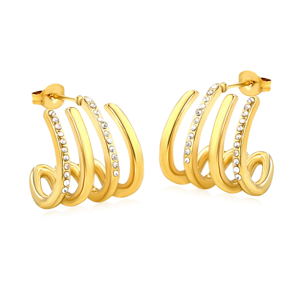 Stainless Steel Gold Color PVD Four Link C Shaped Adhesive White Diamond Ear Stud