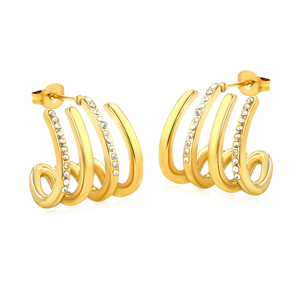 Stelluxe Stainless Steel Gold Color PVD Four Link C Shaped Adhesive White Diamond Ear Stud