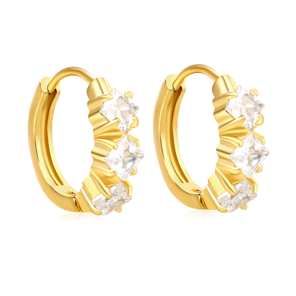 Stainless Steel Gold Color PVD Three Square White Zirconia Stud Earrings