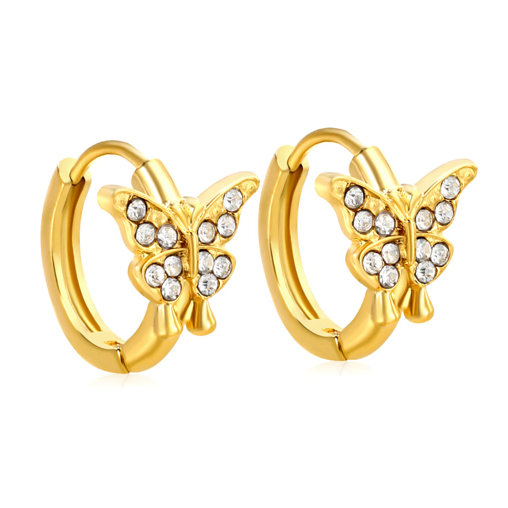 Stainless Steel Gold Color PVD Butterfly Shaped White Zirconia Earrings