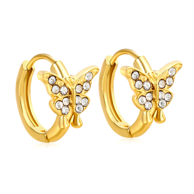 Stelluxe Stainless Steel Gold Color PVD Butterfly Shaped White Zirconia Earrings