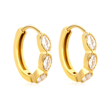 Load image into Gallery viewer, Stelluxe Stainless Steel Gold Color PVD Three Oval Shaped White Zirconia Earrings