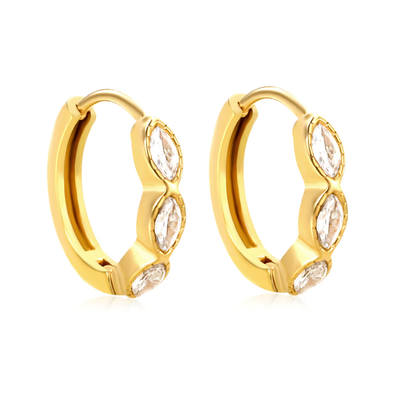 Stelluxe Stainless Steel Gold Color PVD Three Oval Shaped White Zirconia Earrings