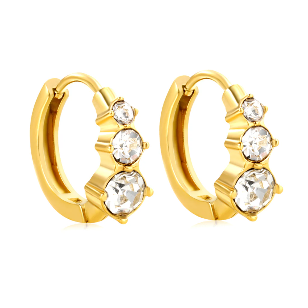 Stainless Steel Gold Color PVD Large Round White Zirconia Stud Earrings