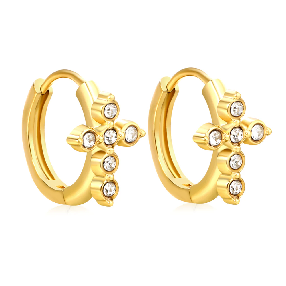 Stainless Steel Gold Color PVD Cross Shaped Imitation White Czech Diamond Earrings