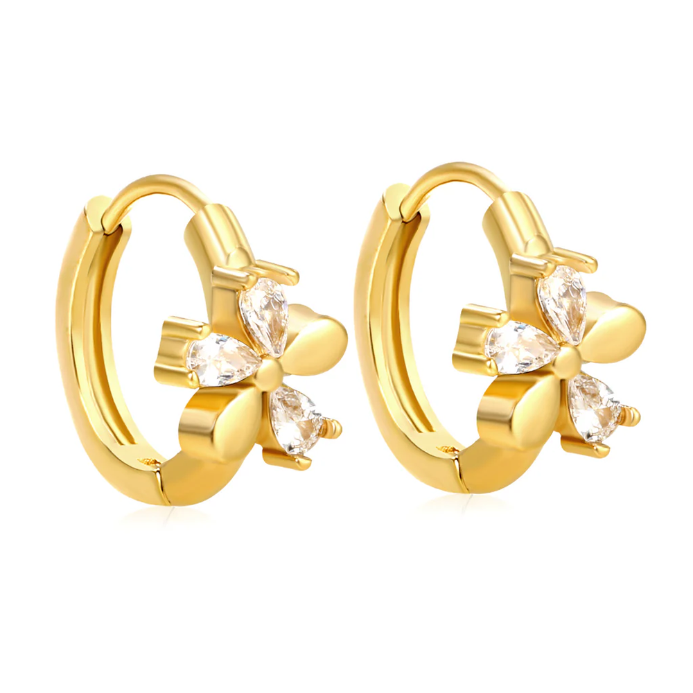 Stainless Steel Gold Color PVD Flower Shaped Three White Zirconia Earrings